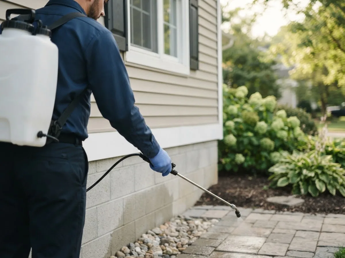 Pest control technician inspecting a home in Post Mills, VT